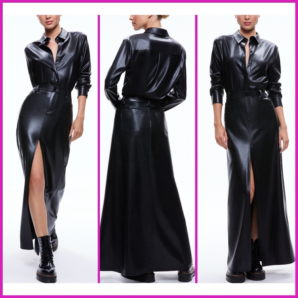 Alice + Olivia Rye Vegan Leather Front Slit Black Maxi Skirt - Picture 6 of 15